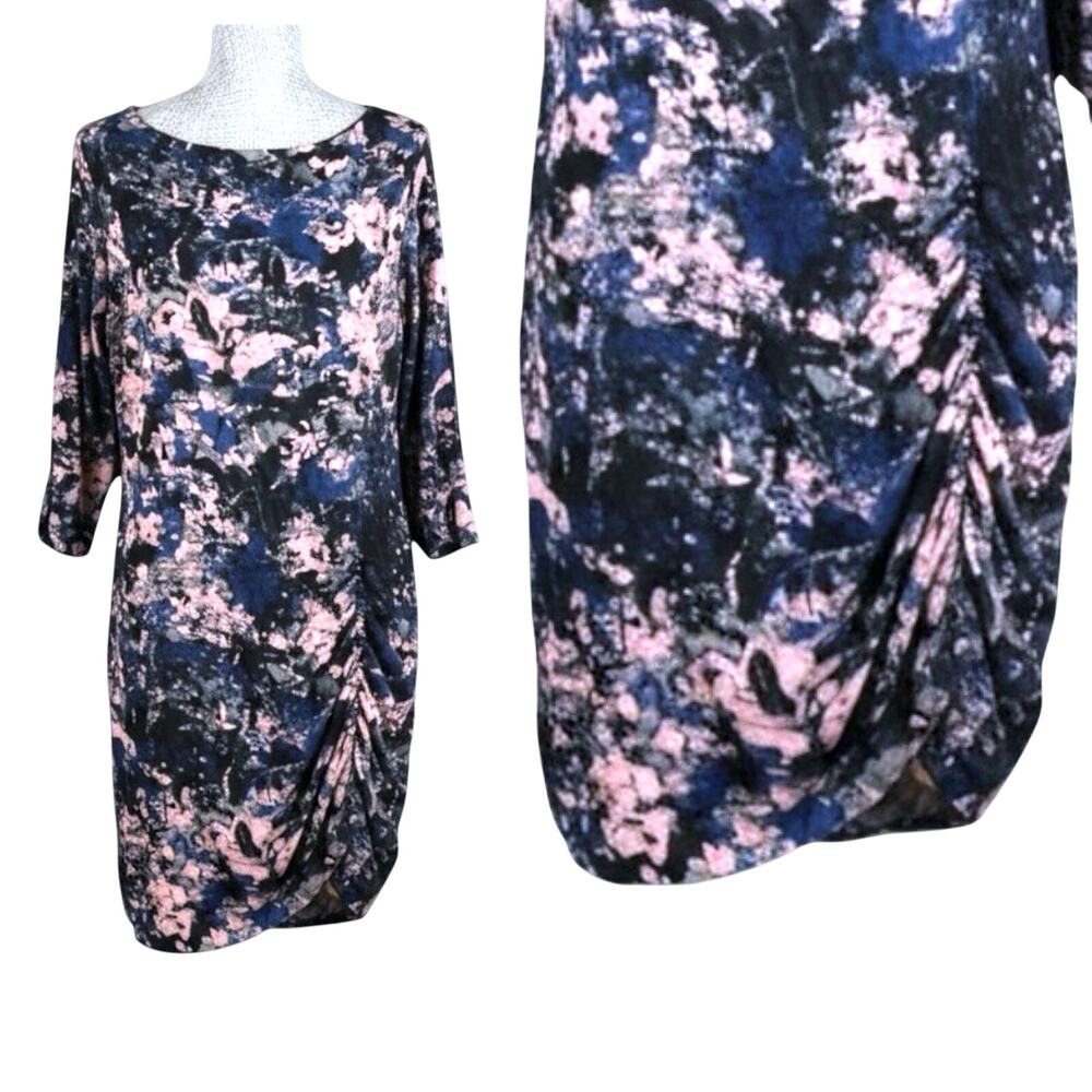Kenneth‎ Cole Abstract Print Ruched Sheath Dress NWT 3/4 Sleeves Blue Pink Sz L